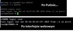 Dwa ekrany logowania pokazujące dostęp do openATV 7.3 na sf8008 przez Putty i interfejs webowy.