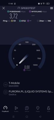 Zrzut ekranu z testu prędkości internetu w aplikacji Speedtest