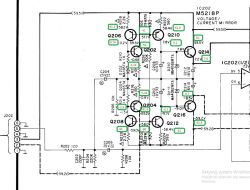 Schemat fragmentu układu elektronicznego z oznaczeniem napięć na tranzystorach i kondensatorach, zawierający elementy Q206, Q210, Q202, Q214, Q204, Q216, Q212, Q208 i kondensator C214.