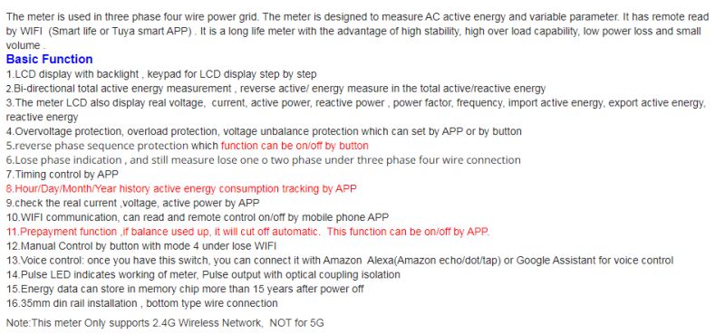 User Manual for Three-Phase Energy Meter Photo of the user manual for a three-phase energy meter compatible with Tuya.