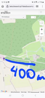 Mapa pokazująca lokalizację i odległość 400 metrów do nadajnika w okolicach Białego Boru.