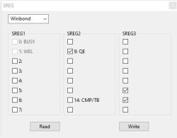 Screenshot of “SREG” window with SREG1–SREG3 checkboxes, “Winbond” dropdown, and Read/Write buttons