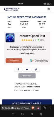 Zrzut ekranu z testu prędkości T-Mobile: 249,80 Mb/s pobierania, 32,77 Mb/s wysyłania