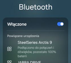 Zrzut ekranu ustawień Bluetooth pokazujący podłączone urządzenie SteelSeries Arctis 9.