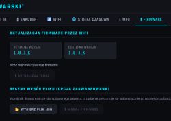 Zrzut ekranu zakładki „Firmware” z aktualizacją przez Wi‑Fi i wyborem pliku .bin