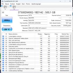 Zrzut ekranu programu CrystalDiskInfo przedstawiający stan dysku twardego ST500DM002-1BD142 o pojemności 500,1 GB.