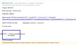 Screenshot of OTA interface for BK7231T showing firmware variant mismatch error.