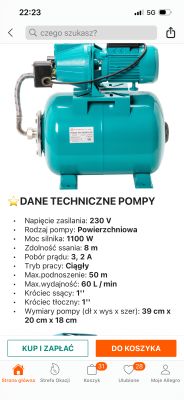 Hydrofor – dane techniczne pompy (zrzut ekranu) Zrzut ekranu z ofertą hydroforu i listą danych technicznych w języku polskim