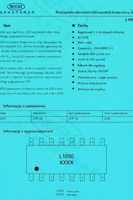 L1050 LED driver datasheet with features, order info, and pinout diagram on blue background