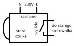 Schemat podłączenia starej czujki zasilanej 230V.