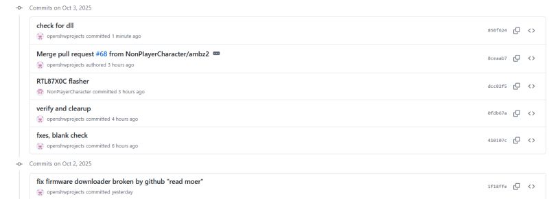 Commit list from October 2–3, 2025 in a GitHub open-source repository