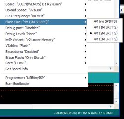 Screenshot of Flash Size settings for WeMOS D1 mini in Arduino IDE