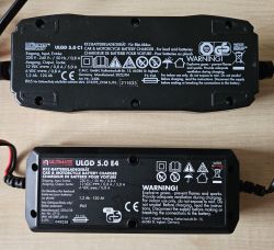 Dwa prostowniki samochodowe serii ULGD 5.0 z Lidla, modele C1 i E4, pokazane obok siebie.