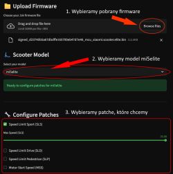 Interfejs strony BW-Patcher z firmware dla hulajnogi Xiaomi mi5elite