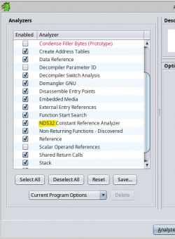 Ghidra tool window showing a list of analyzers, some of which are checked.