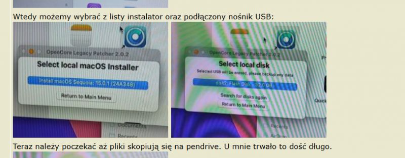 Screens displaying OpenCore Legacy Patcher settings with macOS installer and USB drive selection.