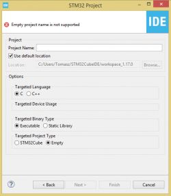 Okno dialogowe STM32CubeIDE z błędem Empty project name is not supported.