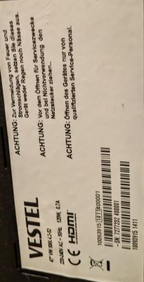 Technical Label of Vestel TV VW500L-L2-52 Label on a Vestel TV model VW500L-L2-52 with warnings and technical specifications.