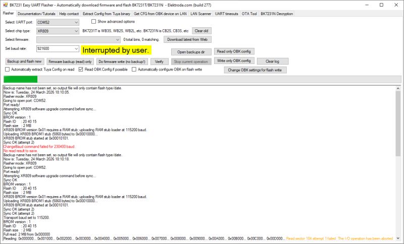 Screenshot of BK7231 Easy UART Flasher showing “Interrupted by user” and a baud rate error log
