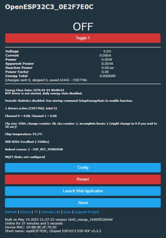 OpenESP32C3 Control Panel – Relay Off and No Measurement Data Screenshot of OpenESP32C3 web interface showing relay switched off and all sensor readings at zero.