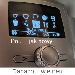 Kaffeemaschine-Bildschirm mit Symbolen und dem Text Moja kawa.