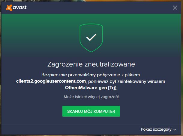 Avast wykrywa zagrożenie w Google Chrome po formacie PC