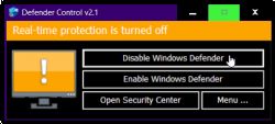 Okno programu Defender Control v2.1 z wyłączoną ochroną w czasie rzeczywistym.