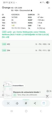 Zrzut ekranu danych LTE Orange z aplikacji pomiarowej sygnału sieciowego