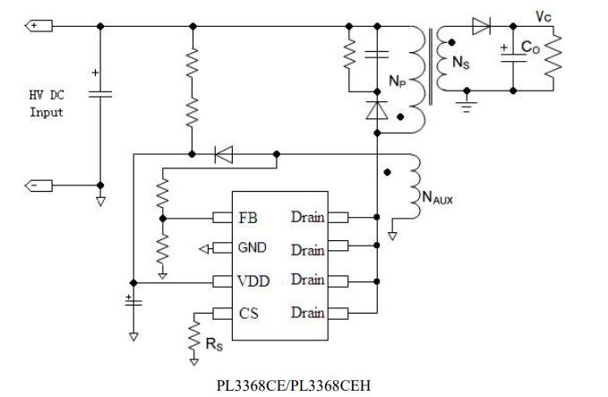Flyback converter schematic with PL3368 IC, transformer windings, and rectified output stage