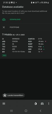 Zrzut ekranu z aplikacji pokazujący parametry sygnału T-Mobile 4G LTE-A 2600.