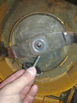 Ręka odkręcająca śrubę mocującą nóż kosiarki elektrycznej od spodu urządzenia.