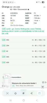 Zrzut ekranu z aplikacji pokazujący parametry sieci LTE 2100 MHz operatora Orange