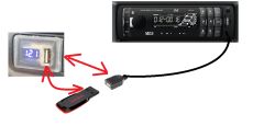 Schemat połączenia USB w samochodzie z radiem, ładowarką 12V i pendrivem.