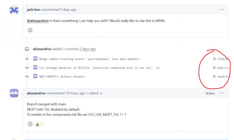 Screenshot of a code management discussion about issues with TLS implementation in MQTT.