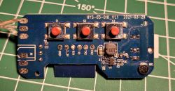 HYS-03-018 circuit board with red buttons and microphone Close-up of blue PCB with three red buttons and various electronic components
