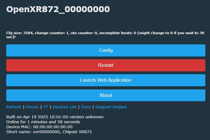 Screenshot of the OpenXR872 interface showing buttons labeled “Config,” “Restart,” “Launch Web Application,” and “About.”