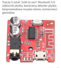Czerwona płytka Bluetooth z oznaczeniami L, GND i R oraz złączem micro USB