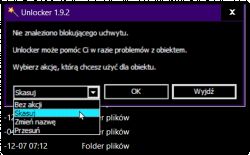 Zrzut ekranu programu Unlocker 1.9.2 z menu opcji akcji dla pliku.