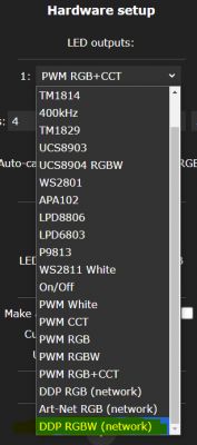 Screenshot of dropdown menu in LED output settings in software.