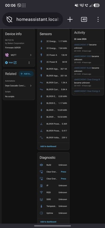 Phone screenshot of Home Assistant showing BK7231N device info and energy/power sensors list