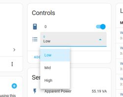 Control panel with dropdown menu for selecting power level; options are Low, Mid, High.
