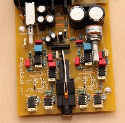 Headphone Amplifier Circuit Board Close-up of a headphone amplifier circuit board with electronic components.