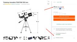 Teleskop Aomekie F30070M na statywie z oznaczonymi wymiarami