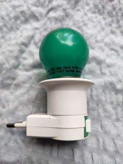Small green LED bulb with 0.6W power connected to a plug.