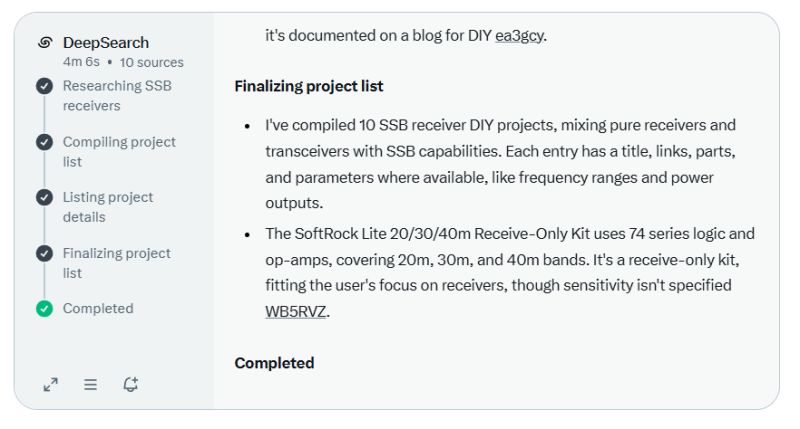 Interfejs DeepSearch pokazujący postęp wyszukiwania projektów SSB DIY