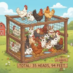 Chicken and rabbit on cage roof, many animals inside; sign says 35 heads, 94 feet