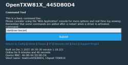 Screenshot of OpenTXW81X Command Tool with a command input field and a Submit button.