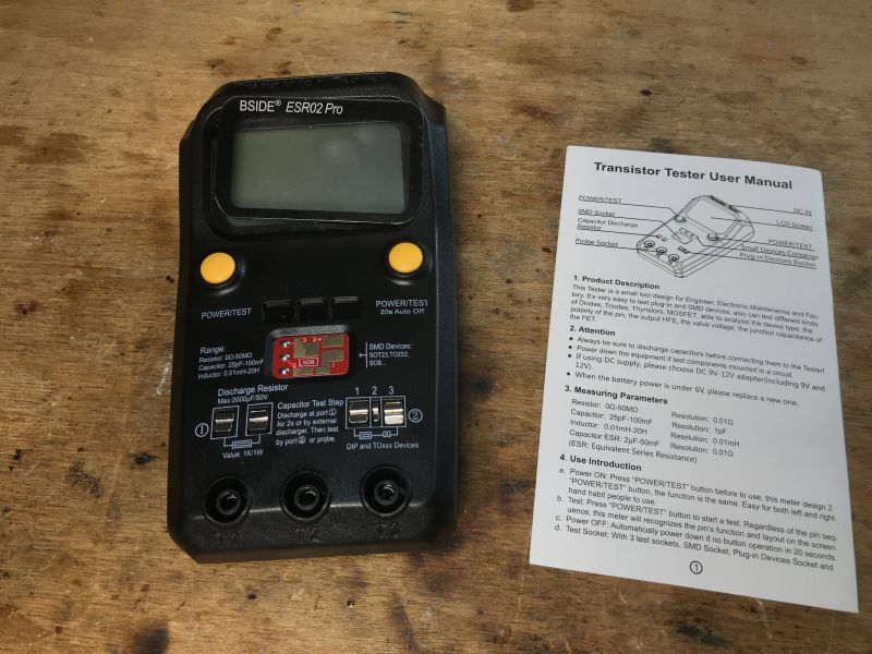 BSIDE ESR02 Pro Tester and Manual BSIDE ESR02 Pro component tester with user manual.