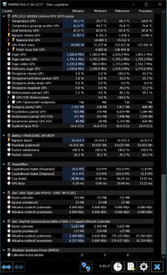 Zrzut ekranu z programu HWiNFO64 pokazujący stan czujników laptopa z GPU NVIDIA GeForce RTX 3070.