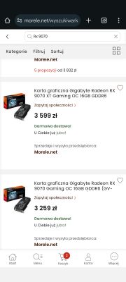 Zrzut ekranu wyszukiwania kart graficznych Gigabyte Radeon RX 9070 na stronie Morele.net.